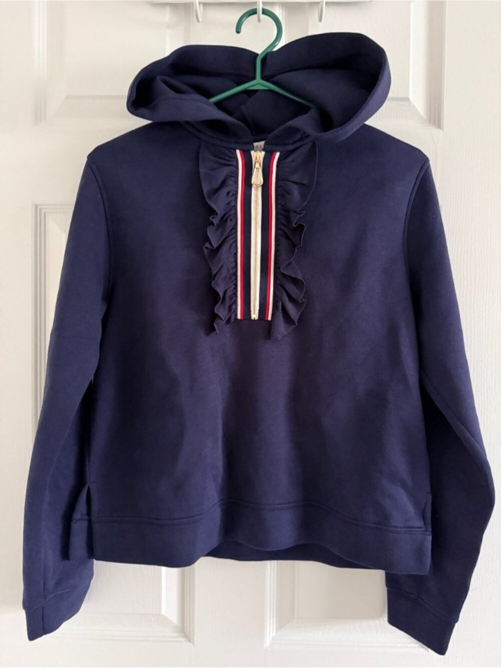 Sandro Paris Size 1 Navy Hooded Pullover with Stripe Zip and Ruffle Trim
